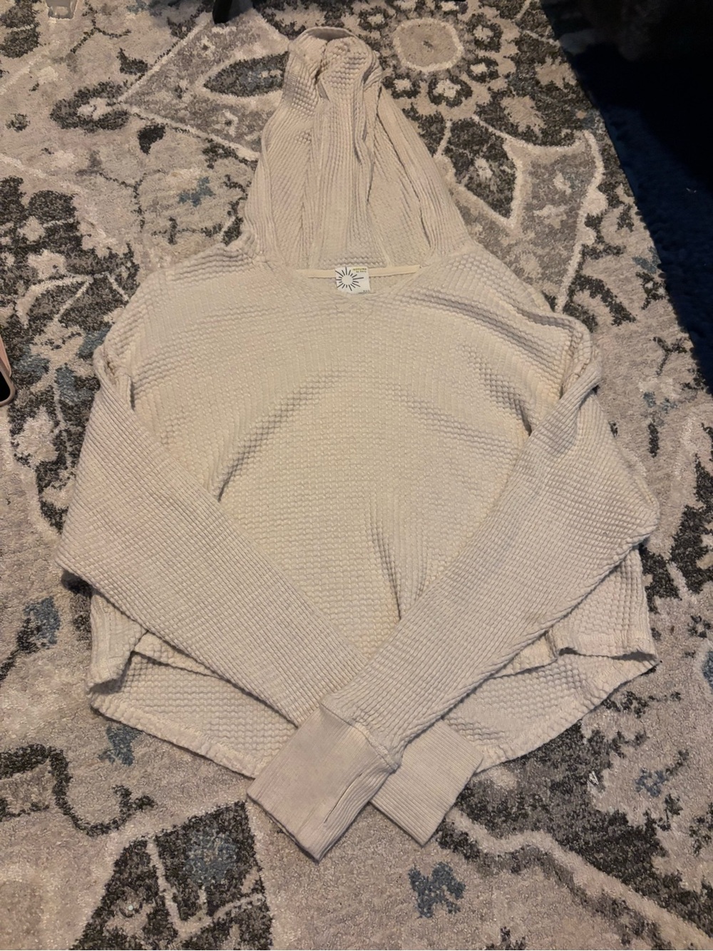 aerie Waffle-Knit Hooded Long Sleeve Top in Light Beige